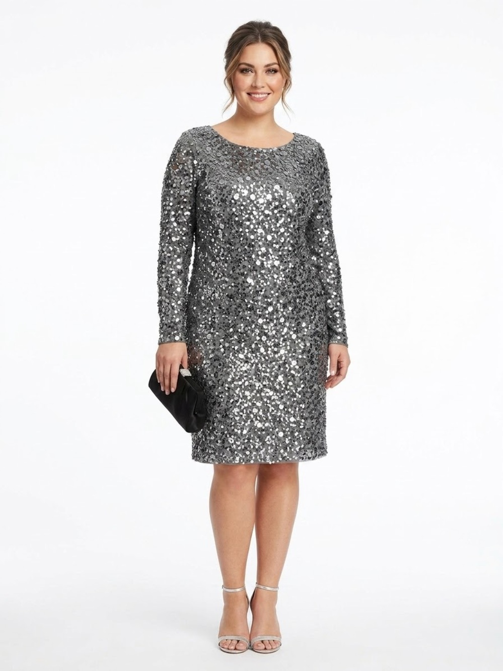 Aidan Mattox 16W Silver Sequin Long Sleeve Cocktail Dress